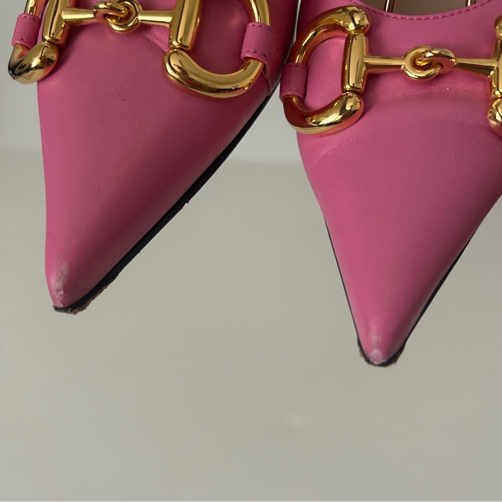 Gucci Nappa Lumiere Pink Leather Point Toe Horsebit Silver Chain Ballet Flats 36 - Picture 8 of 10